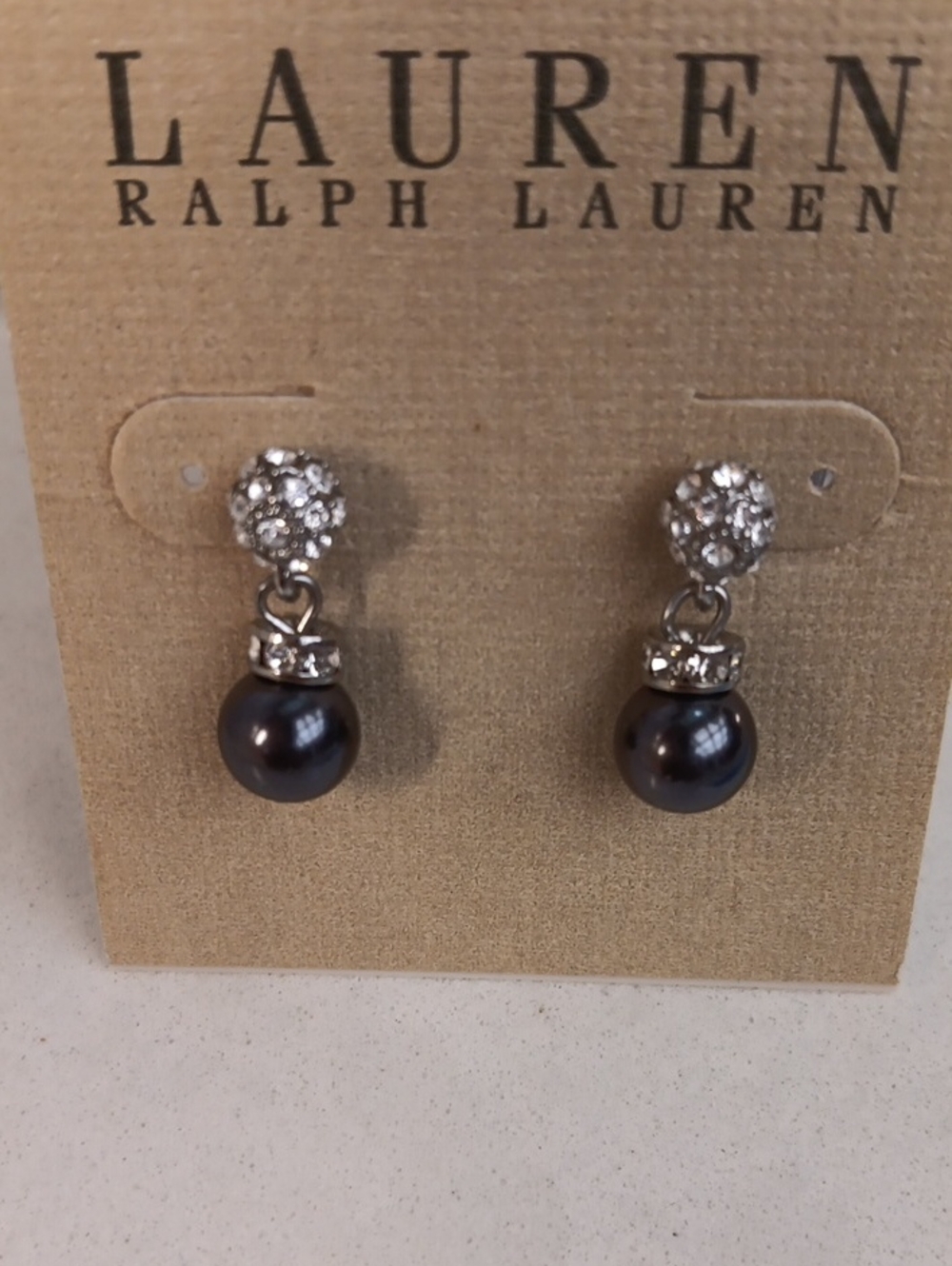 Lauren Ralph Lauren Silver-Tone Dark Pearl & Pave Crystal Drop Earrings NWT